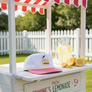Lemonade stand with 'Lorianne's Fresh Lemonade' sign, pitcher, lemons, and a cap on a grassy area.