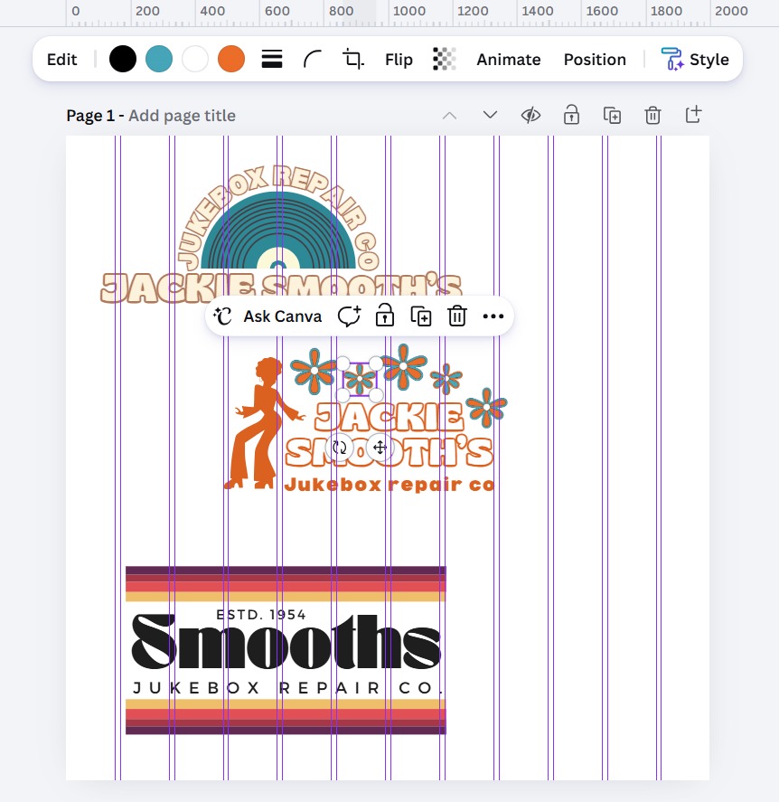 The three Smooths logo variations laid out in color in Canva on the computer