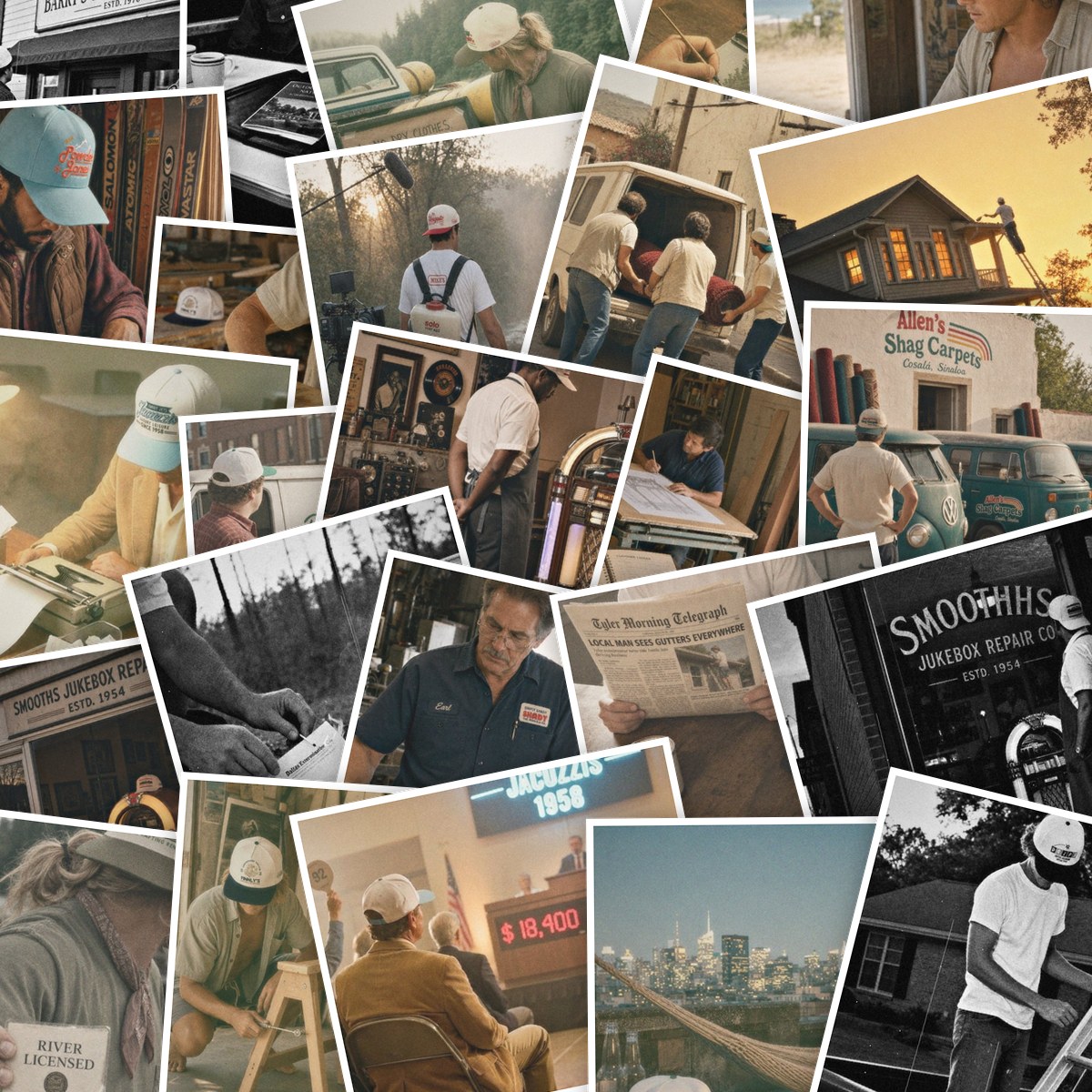 A dense, layered collage of AI-rendered scenes of our Fiction Apparel characters at work and out in their worlds