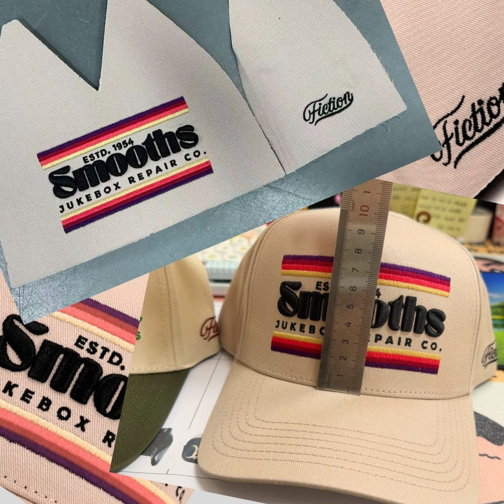 Production and quality check: embroidered Smooths logo swatches, the finished hat, and a ruler measuring the stitch placement